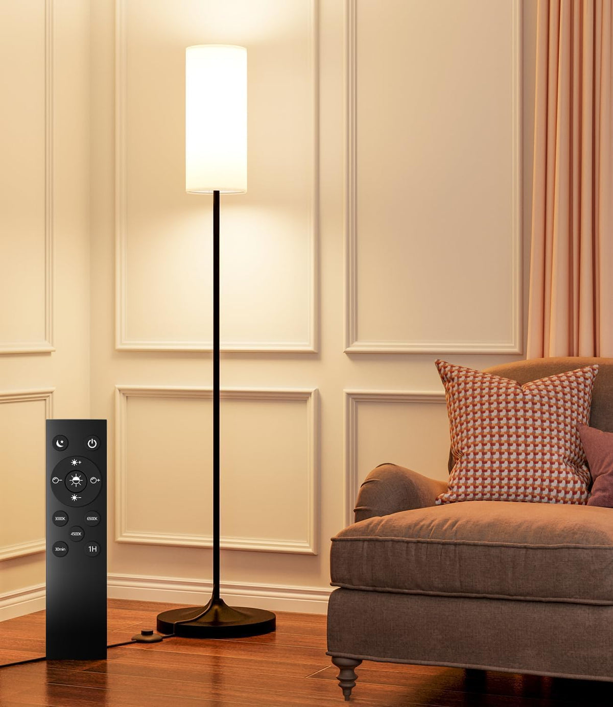 Lámpara de pie alta regulable luckystyle, bombilla LED de 12 W con pantalla, interruptor de pie, control remoto, temperatura de color personalizable, ideal para dormitorio, oficina, habitación infantil y sala de estar, color negro.