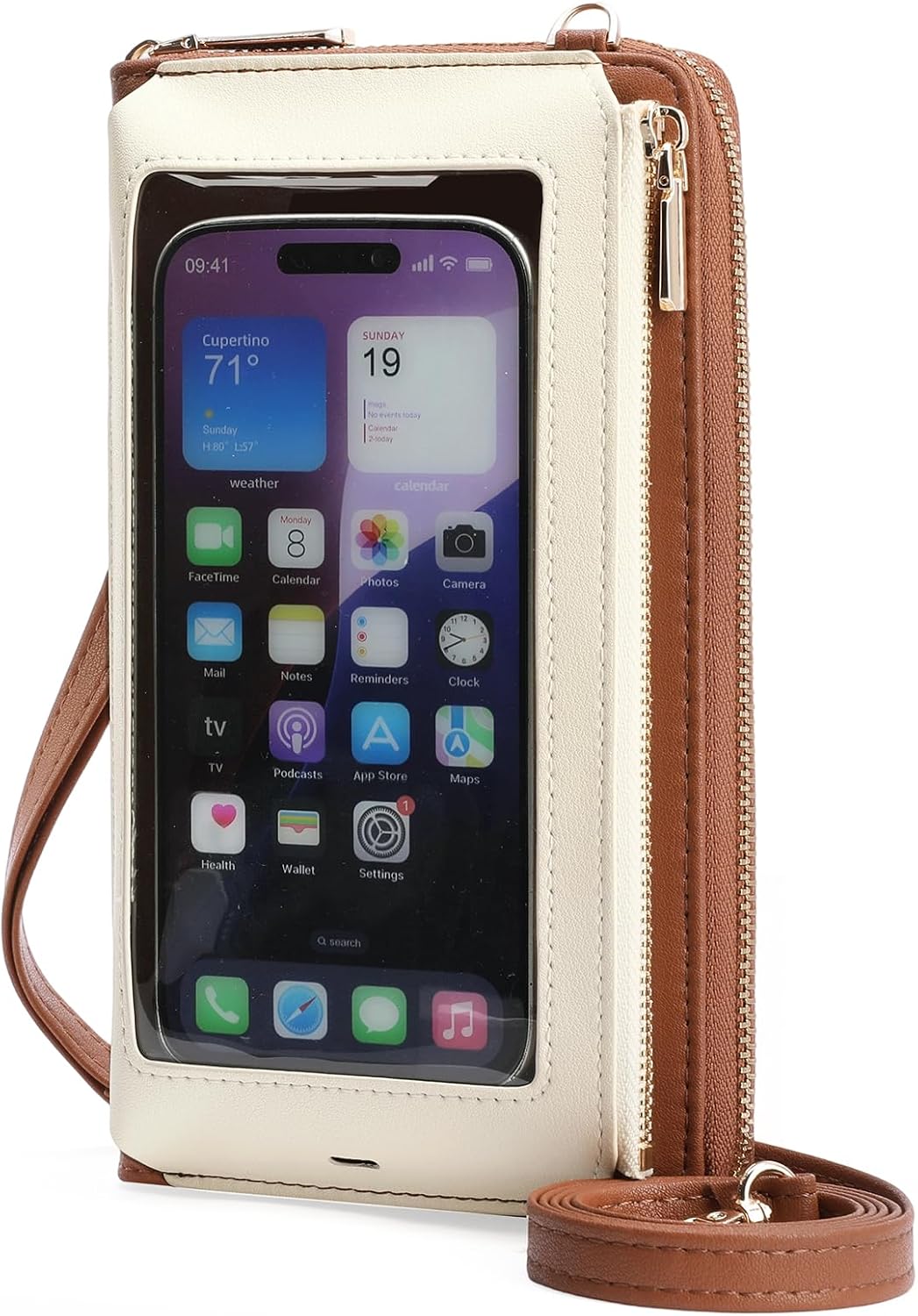 GOIACII Cartera Crossbody con Porta Celular para Mujer | Billetera de Viaje Pequena, Pantalla Tactil, Bloqueo RFID, Blanco y Marron
