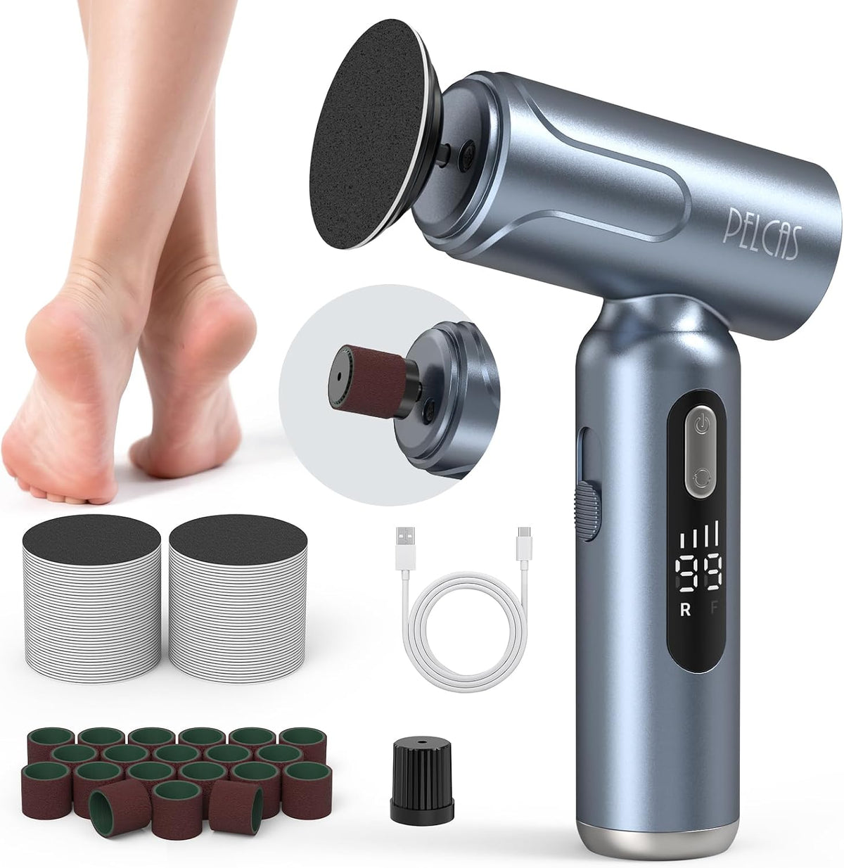 Removedor eléctrico de callos PELCAS con pantalla LED, lima eléctrica para pies mejorada, kit de manicura y pedicura 2 en 1 para mujeres y hombres, lima inalámbrica para callos, uñas gruesas y uñas de los dedos (color gris).