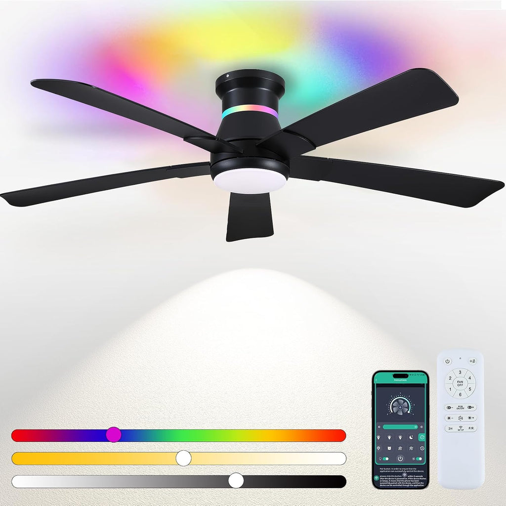 Ventiladores de techo Surtime de 52" negros con luces RGB - Ventilador de techo empotrado con luz LED regulable de 3CCT, ventiladores de techo modernos de perfil bajo para fiestas en interiores y exteriores cubiertos.