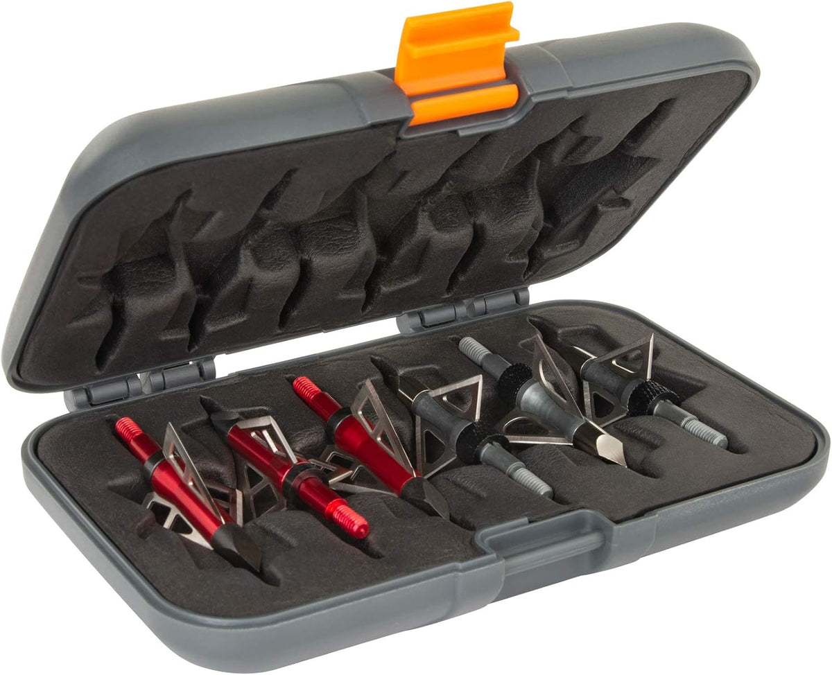 Caja y organizador para puntas de flecha Allen Company Titan - Capacidad para 6 puntas de flecha con un ancho cerrado de hasta 3,5 cm (1-3/8") - Almacenamiento exterior para accesorios de arco, arco compuesto y ballesta - Gris/Naranja