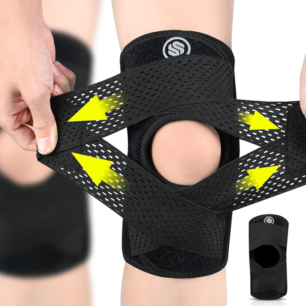 Rodillera transpirable de compresión para hombre y mujer con estabilizadores laterales para aliviar el dolor de rodilla.