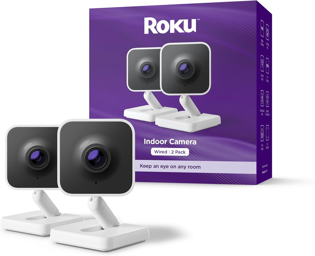 Cámara de Seguridad Interior Roku (Pack de 2) | Cableada | 1080p HD con Visión Nocturna a Color | Compatible con Alexa y Google | Detección de Movimiento y Sonido