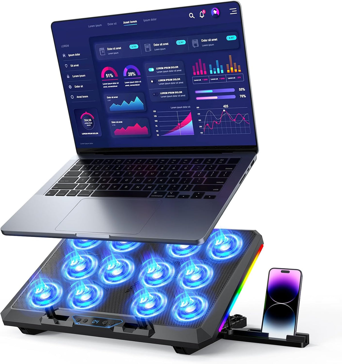 Base Enfriadora Trullypine para Laptop con 12 Ventiladores Silenciosos | Portatil para Laptops de 12-17.3 pulgadas | Luces RGB | 5 Alturas | 2 Puertos USB | Soporte de Celular