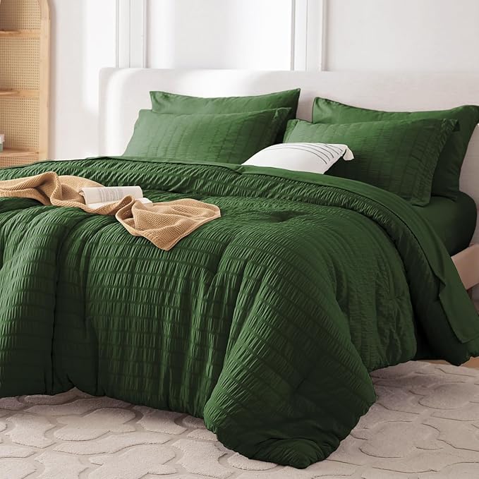 MUXHOMO – Set Edredón Queen Seersucker Verde Oscuro | Bed in a Bag | Lujo para Todas las Temporadas