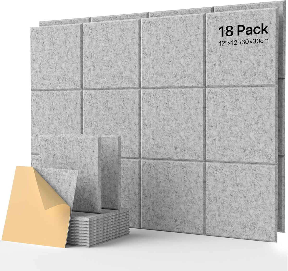 Paquete de 18 paneles de pared insonorizados autoadhesivos, paneles cuadrados de espuma insonorizante para pared, paneles acústicos de alta densidad, paneles acústicos para oficina en casa, estudio de grabación, 30,5 cm x 30,5 cm x 1 cm, color gris.