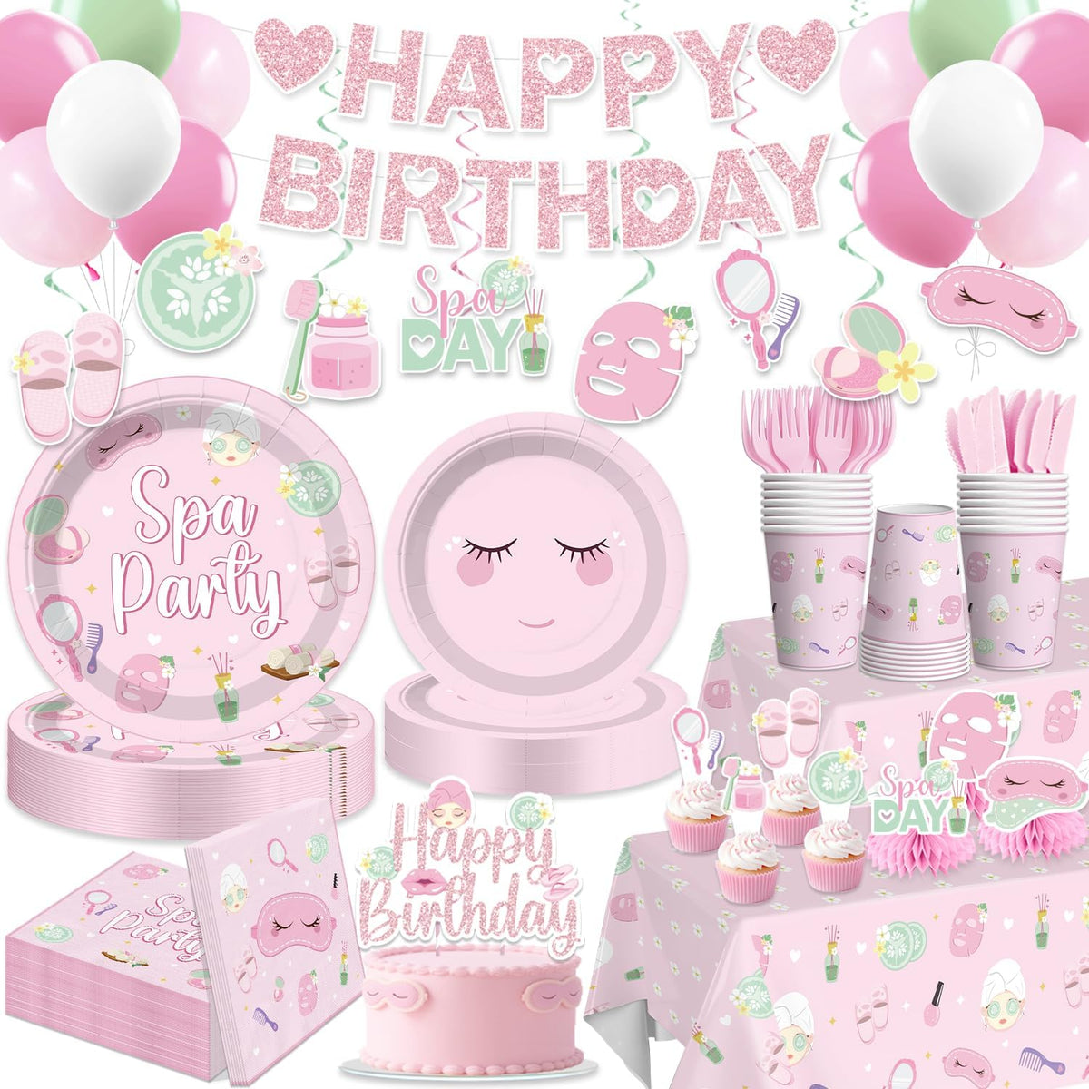 205 Piezas Decoracion de Fiesta Spa para 25 Invitados | Vajilla Desechable con Banner, Globos, Toppers, Platos, Servilletas y Mantel | Facil Armado para Cumpleanos de Ninas