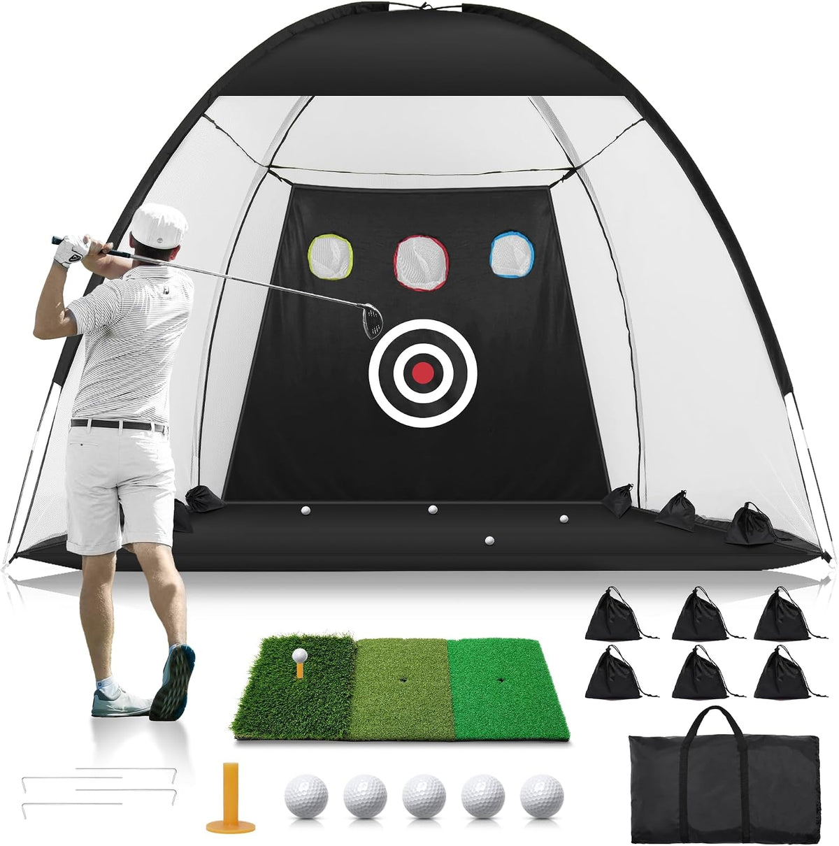USADO-Red de Golf 10x7 pies | Practica de Swing para Patio | con Tapete Tri-Turf | Chipping Interior | Reduce Ruido