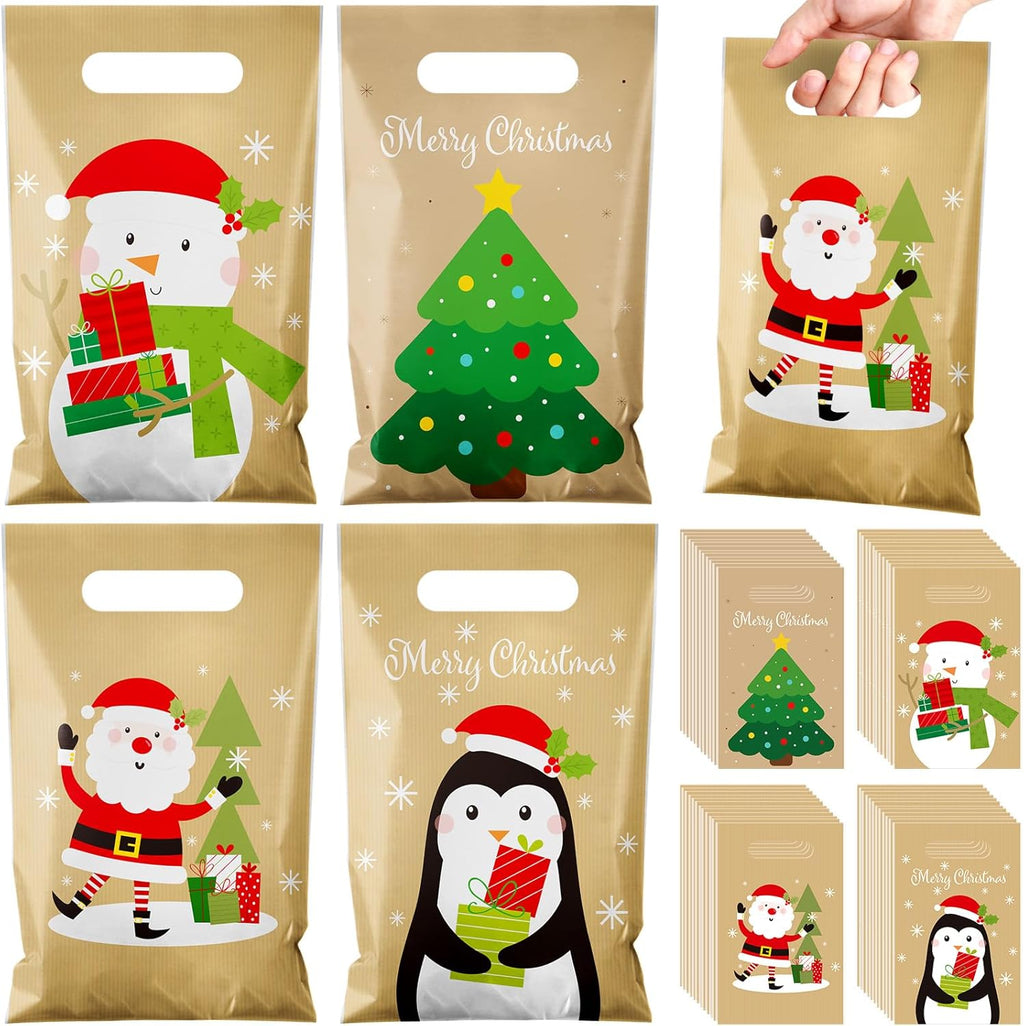 Bolsas de Regalo Navideñas Colarr x48 | Plástico Kraft con Asa | Diseños Santa, Muñeco de Nieve y Árbol | Para Dulces y Regalos