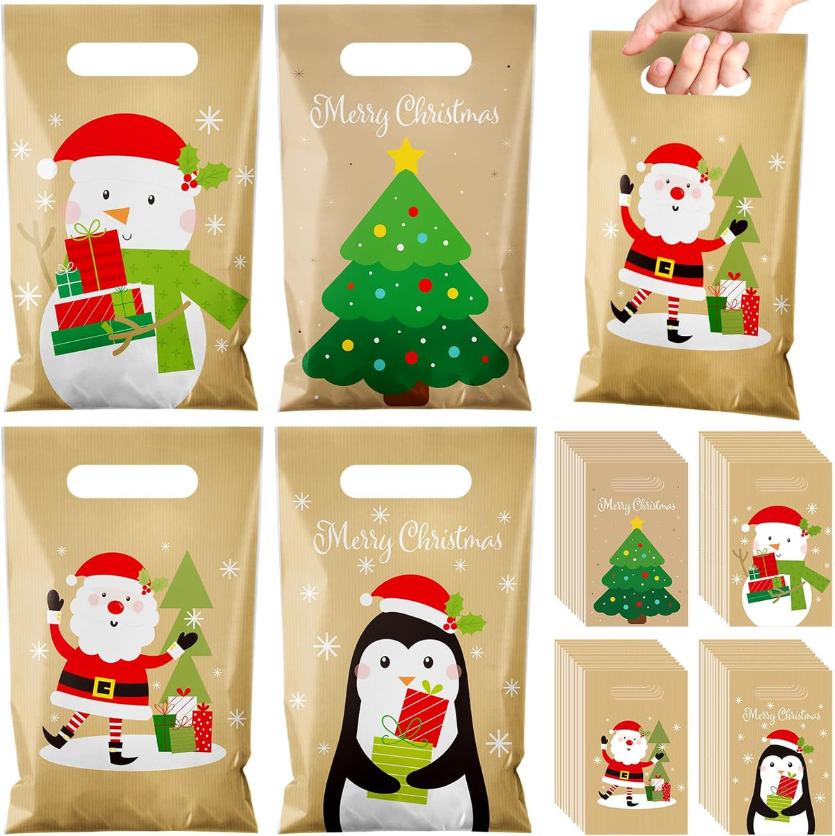 Bolsas de Regalo Navideñas Colarr x48 | Plástico Kraft con Asa | Diseños Santa, Muñeco de Nieve y Árbol | Para Dulces y Regalos