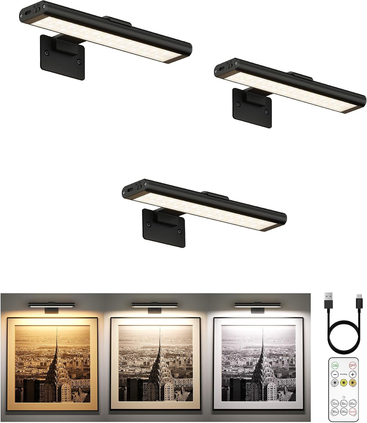 SOLO VIENEN 2 CONTROLES-Lámpara de pared EZVALO para cuadros, recargable con batería de 2400 mAh, inalámbrica con control remoto IR, 3 colores y regulable, magnética, de 7,8 pulgadas, LED, para exhibición de cuadros, sala de estar, galería