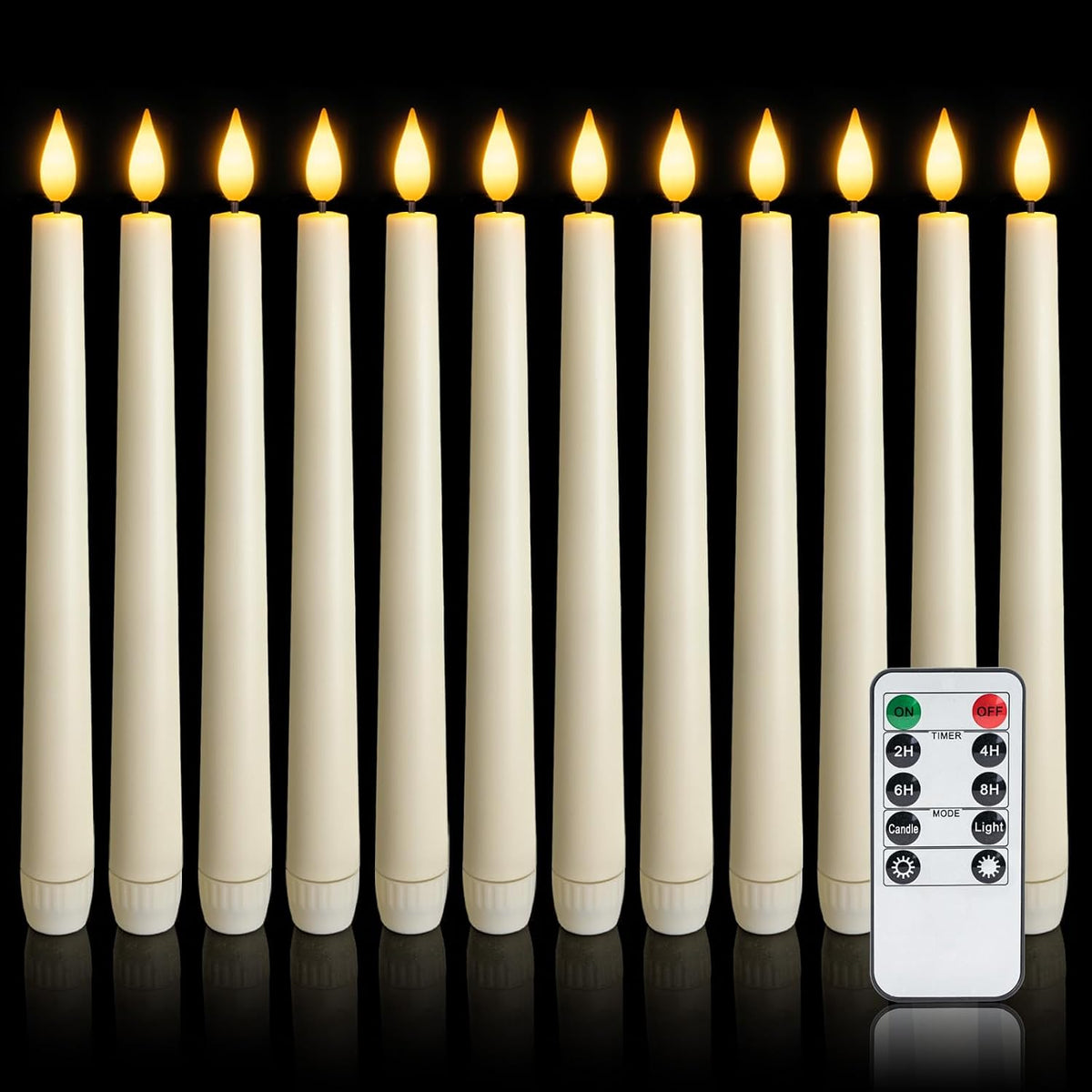Meigic 12 velas cónicas sin llama con control remoto y temporizador, velas de ventana de plástico a pilas, candelabros LED de 24,4 cm (9,6 pulgadas) color marfil, para decoración del hogar en Halloween y Navidad.