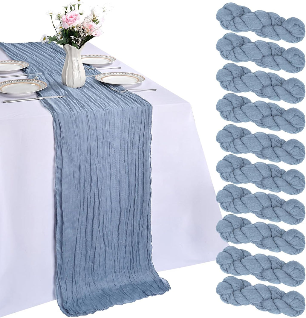 Paquete de 10 caminos de mesa de gasa azul empolvado de 3 metros (120 pulgadas) de gasa rústica bohemia para banquetes, picnics, baby showers, fiestas, bodas y decoración navideña.