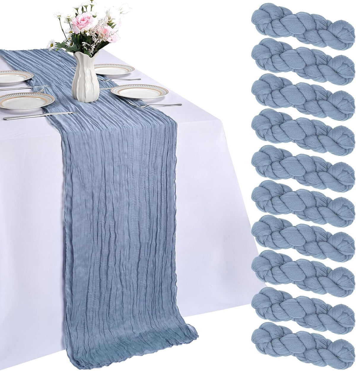 Paquete de 10 caminos de mesa de gasa azul empolvado de 3 metros (120 pulgadas) de gasa rústica bohemia para banquetes, picnics, baby showers, fiestas, bodas y decoración navideña.