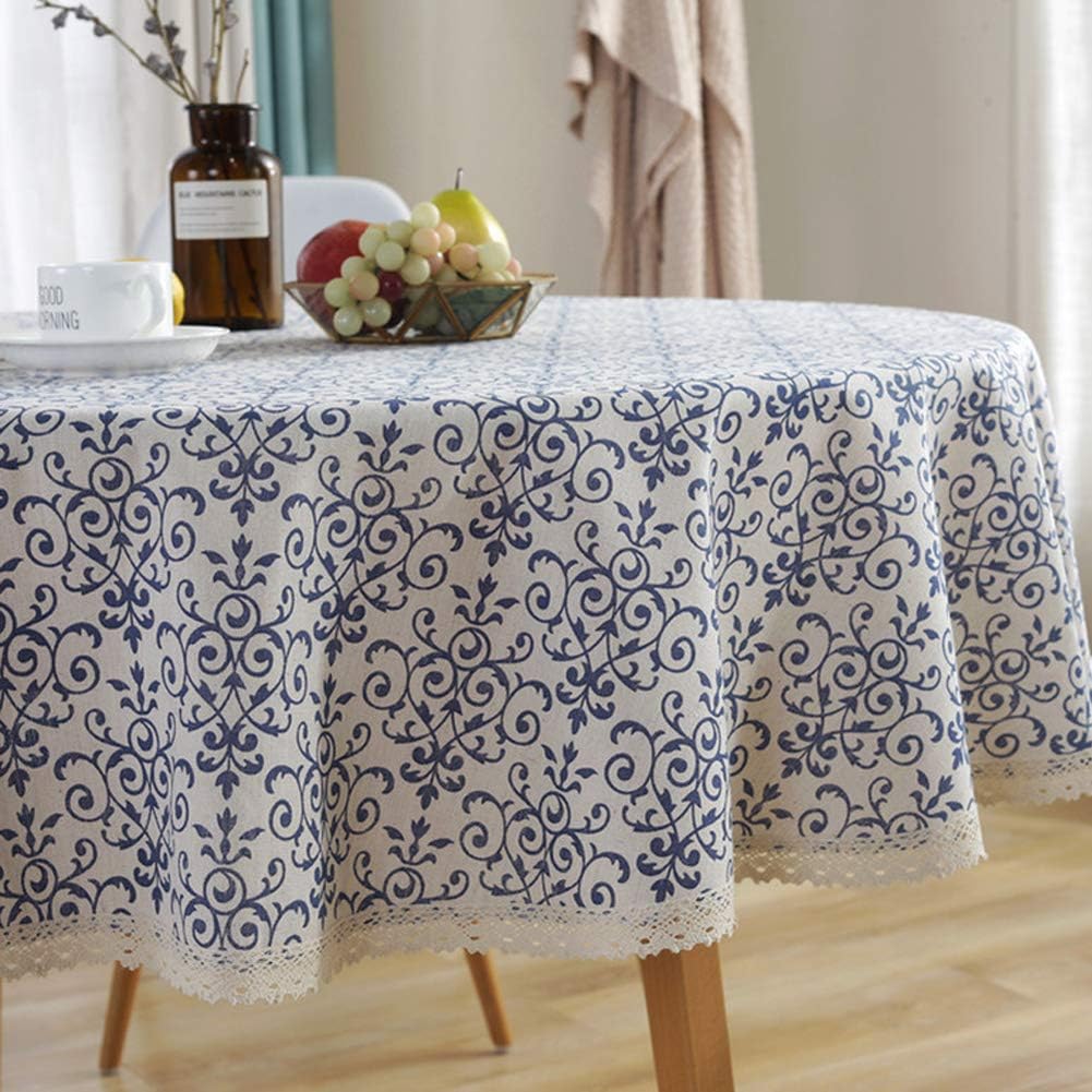 Mantel redondo de macramé decorativo lavable de algodón y lino vintage AMZALI con estampado damasco azul marino, mantel para cenas, picnics y decoración del hogar (60 pulgadas de diámetro).