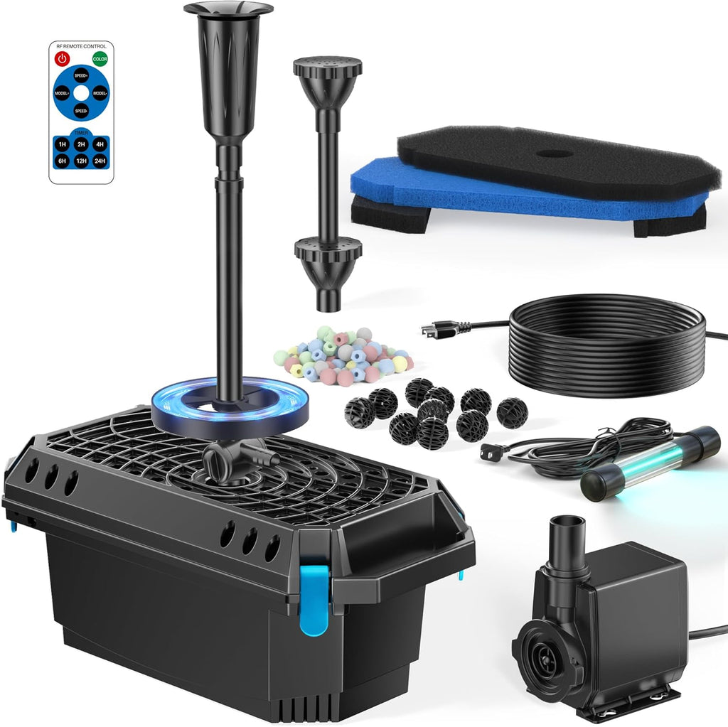 (USADO) Filtro de Estanque POPOSOAP con Clarificador UV | 660GPH 40W | Kit de Bomba y Filtro con Luces LED RGB | Todo en Uno para Estanques hasta 4900 L | P2360