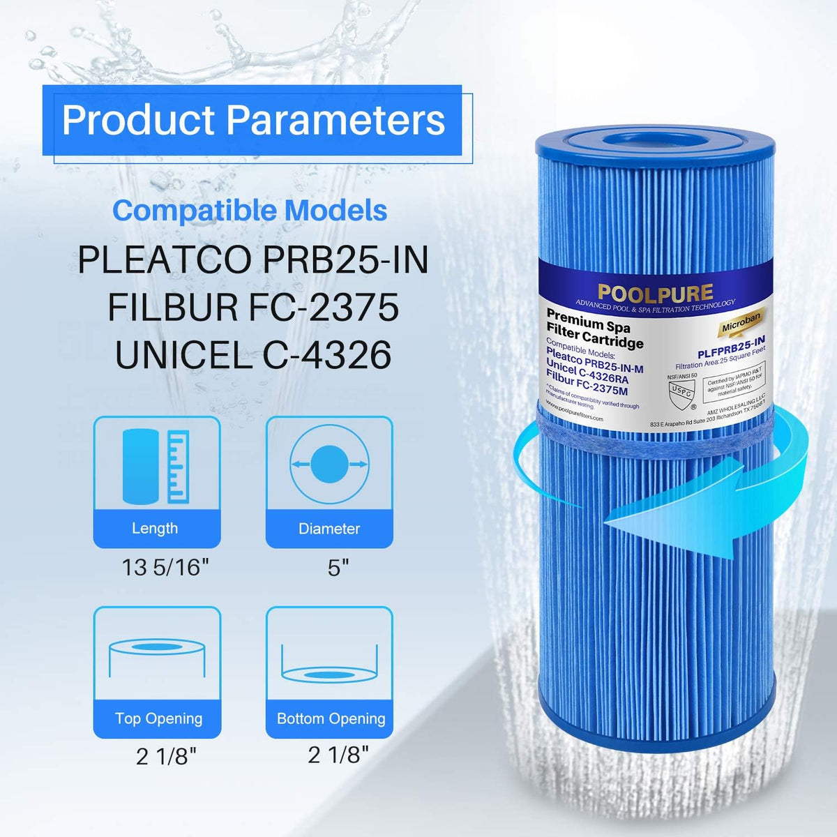 POOLPURE Antimicrobia PRB25-IN-M - Filtro de spa que reemplaza a Unicel C