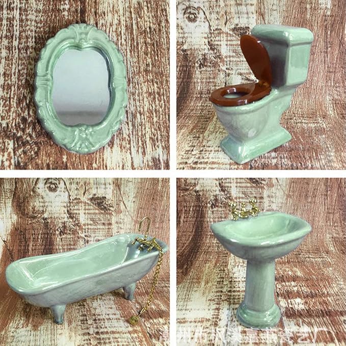 Juego de accesorios de baño en miniatura para casa de muñecas, escala 1:12 (verde claro)