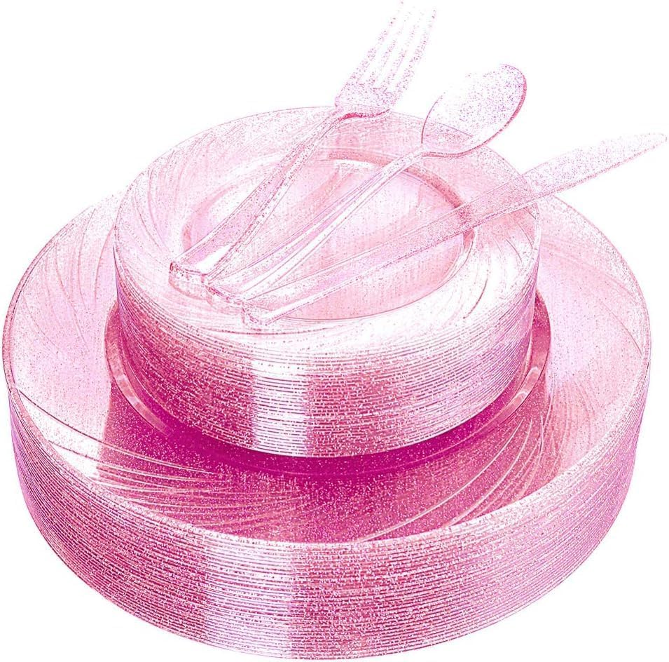 Platos Plásticos Rosa y Dorado con Cubiertos Plásticos Rosa | 40 Platos de Cena, 40 Platos de Ensalada, 40 Tenedores, 40 Cuchillos, 40 Cucharas para Fiestas, Baby Shower y Bodas