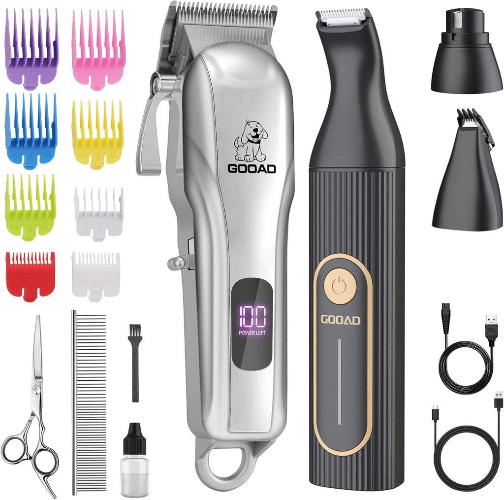 Cortapelos Gooad para perros, kit de aseo para perros con pelo grueso y abundante/afeitadora inalámbrica recargable de bajo ruido para mascotas con recortador de patas, lima de uñas y recortador de pelo para gatos pequeños y grandes.