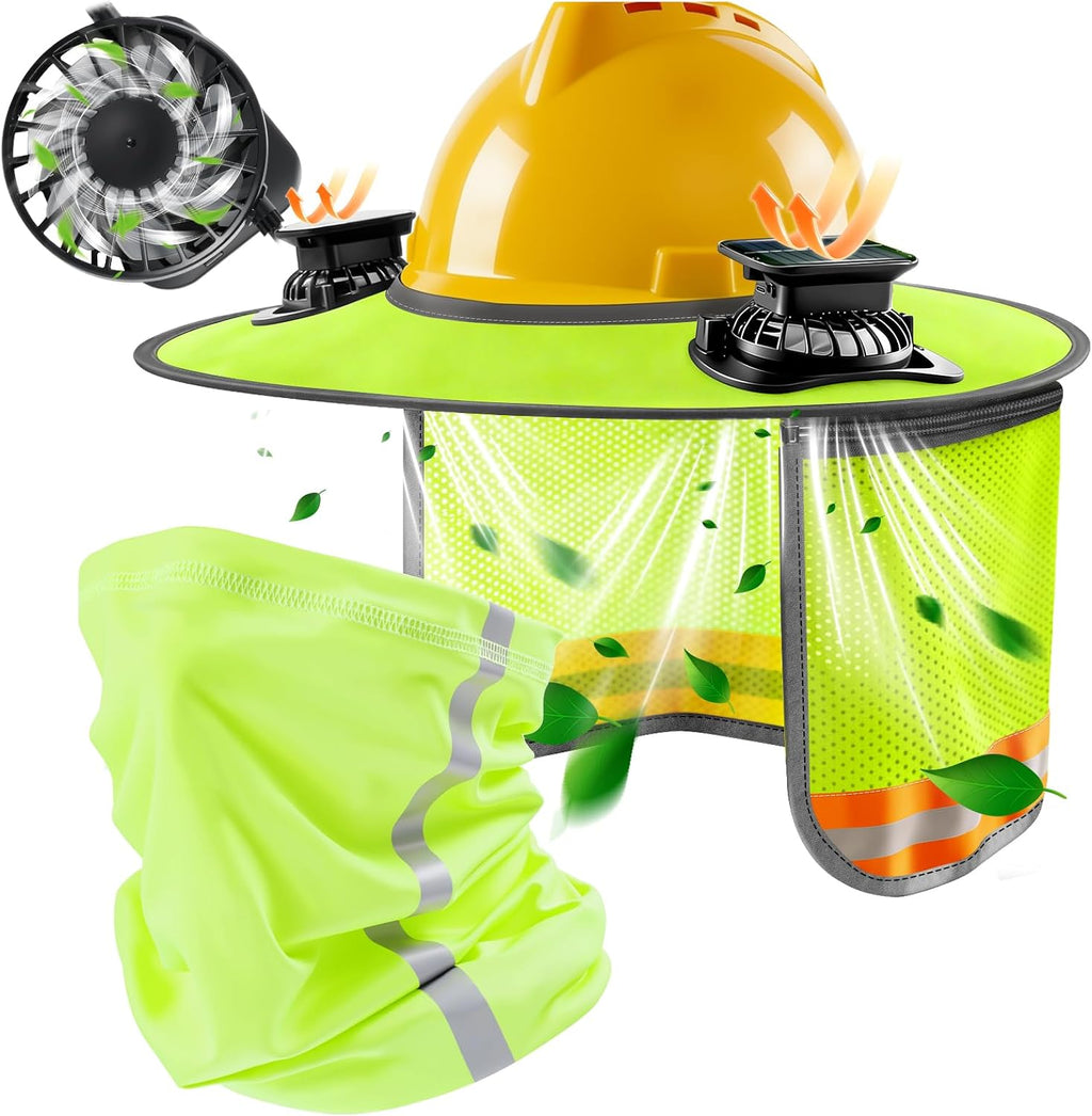 Kit de protección solar para casco, visera para casco de seguridad de ala completa con ventiladores solares y protector de cuello, protector solar para casco de seguridad con tira reflectante para trabajadores de la construcción (amarillo)