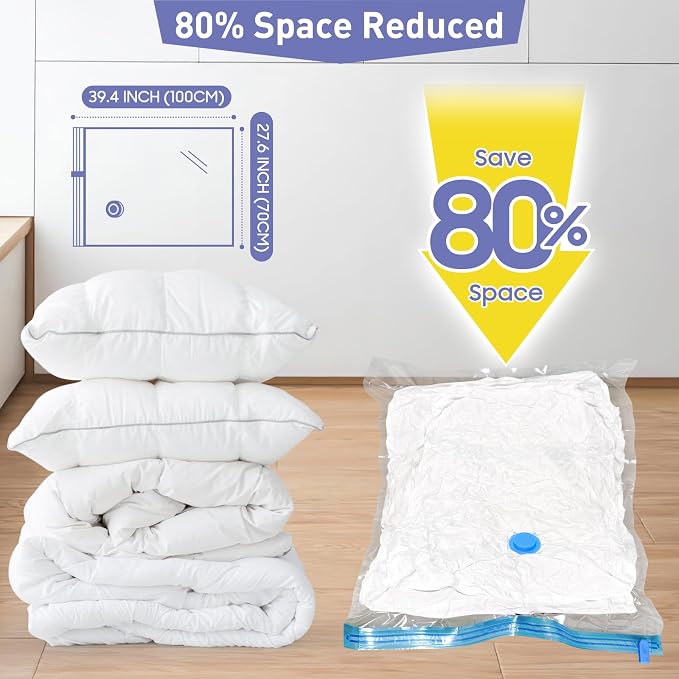 Paquete de 10 bolsas de almacenamiento al vacío jumbo con bomba de mano, 80% de ahorro de espacio de almacenamiento, bolsas de sellado al vacío resistentes sin fugas ahorradoras de espacio para ropa