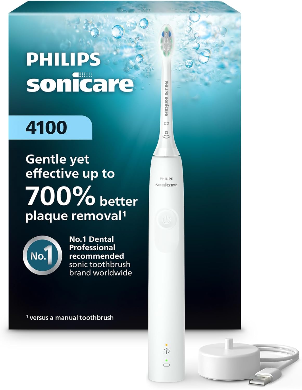 Cepillo de dientes eléctrico Philips Sonicare Serie 4100 - Cepillo de dientes sónico con tecnología sónica avanzada, sensor de presión, dos niveles de intensidad, Smartimer y Quadpacer, color blanco, modelo HX3681/23