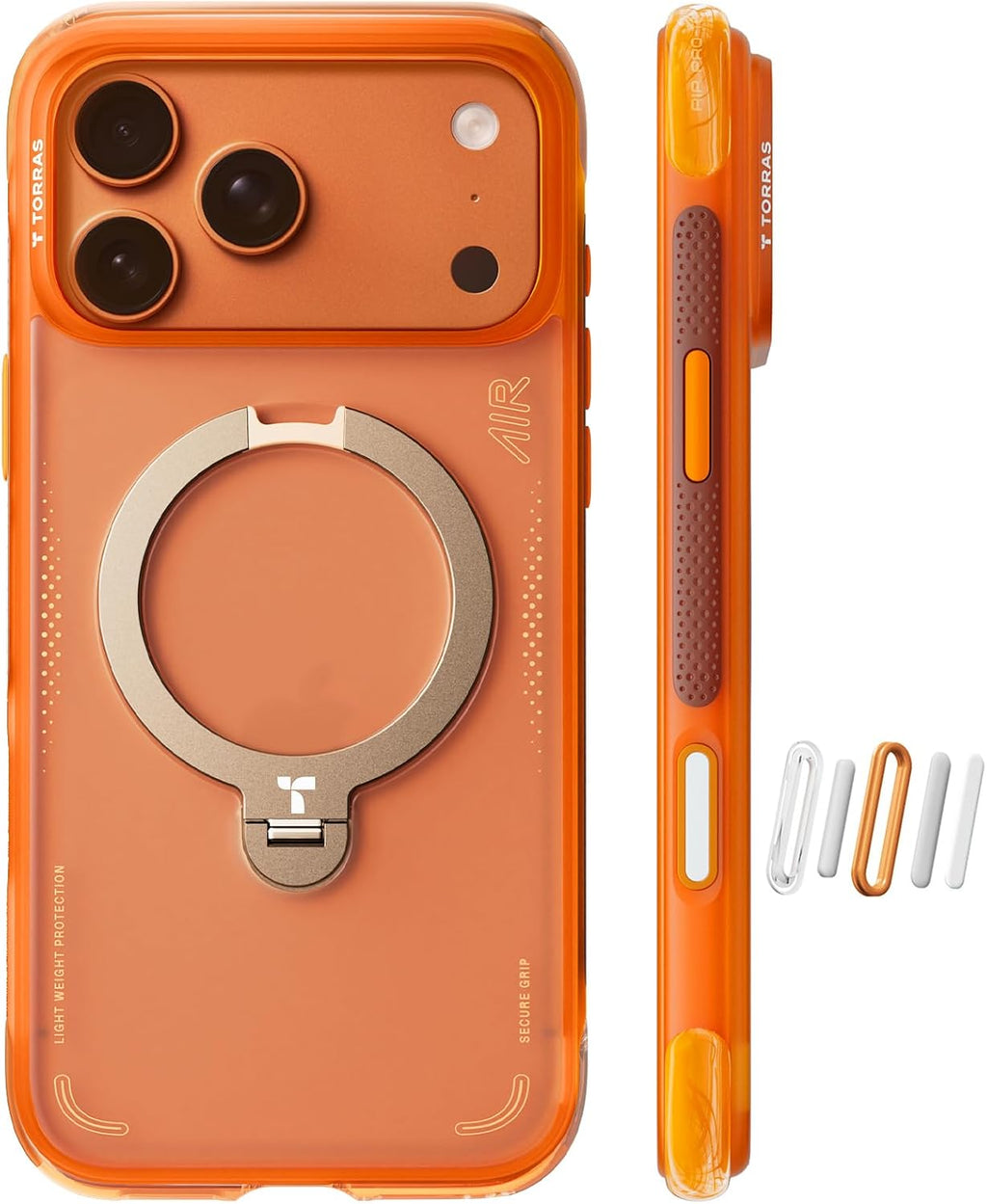 Funda TORRAS Ostand Q3 Air para iPhone 17 Pro Max con soporte magnético de 360°, compatible con MagSafe, resistente a caídas de grado militar, con botón de control de la cámara y a prueba de golpes. Color naranja horizonte.
