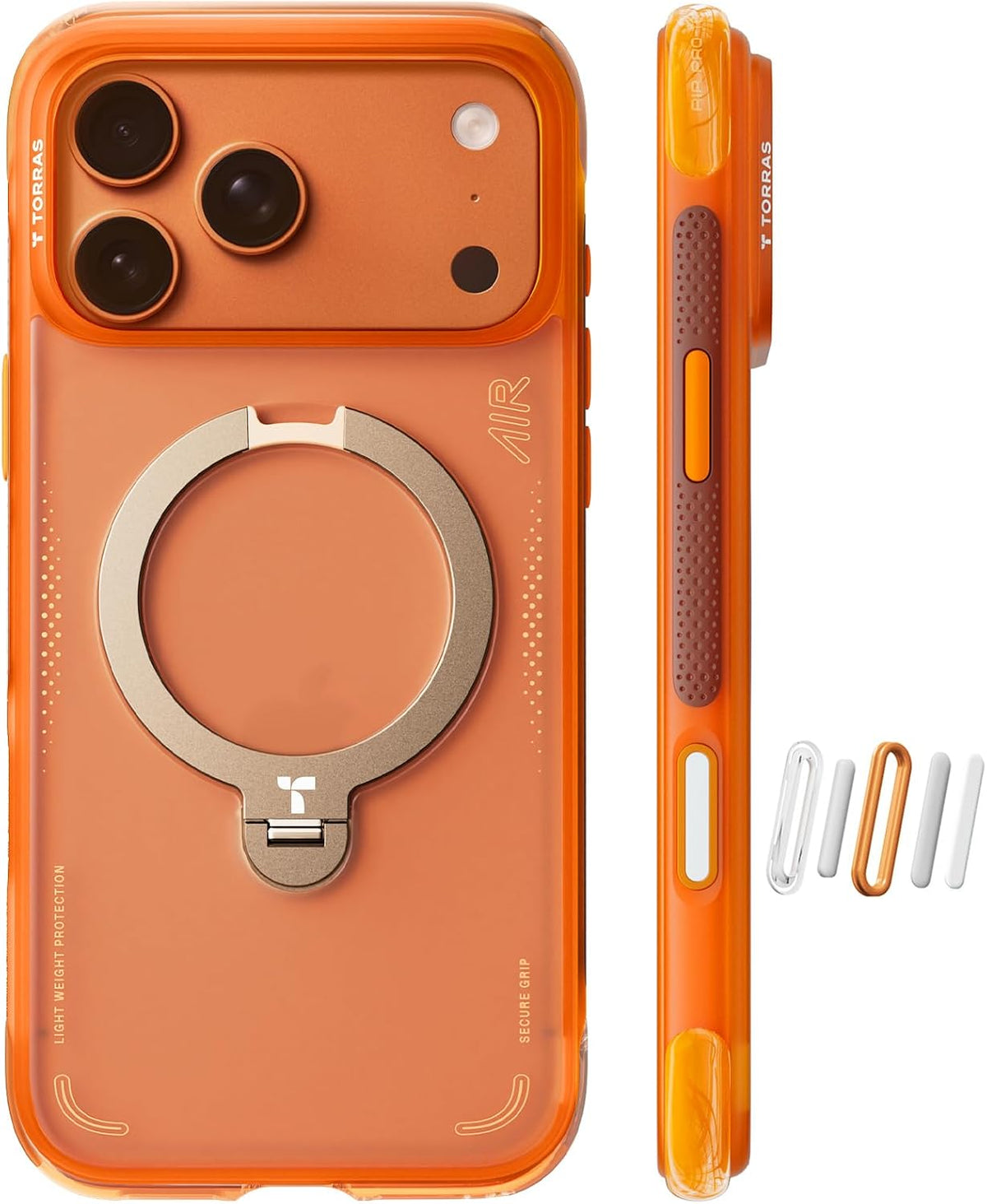 Funda TORRAS Ostand Q3 Air para iPhone 17 Pro Max con soporte magnético de 360°, compatible con MagSafe, resistente a caídas de grado militar, con botón de control de la cámara y a prueba de golpes. Color naranja horizonte.