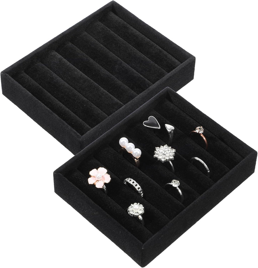 Xyembu 2 bandejas organizadoras apilables de terciopelo negro para anillos, bandejas para exhibir pendientes, bandejas pequeñas para joyería, soporte de almacenamiento para anillos y pendientes (8 ranuras)