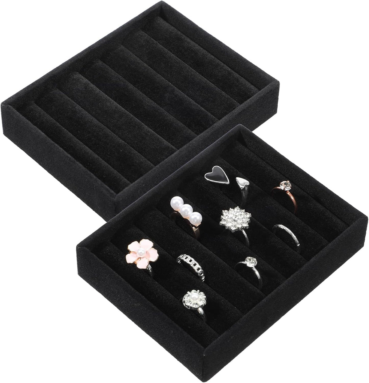 Xyembu 2 bandejas organizadoras apilables de terciopelo negro para anillos, bandejas para exhibir pendientes, bandejas pequeñas para joyería, soporte de almacenamiento para anillos y pendientes (8 ranuras)