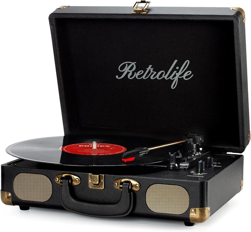 Tocadiscos de vinilo portátil de 3 velocidades con Bluetooth, transmisión por correa, altavoces integrados, salida RCA, entrada AUX y conector para auriculares.
