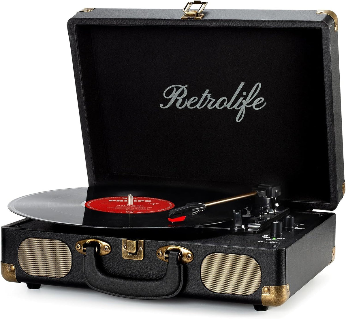 Tocadiscos de vinilo portátil de 3 velocidades con Bluetooth, transmisión por correa, altavoces integrados, salida RCA, entrada AUX y conector para auriculares.