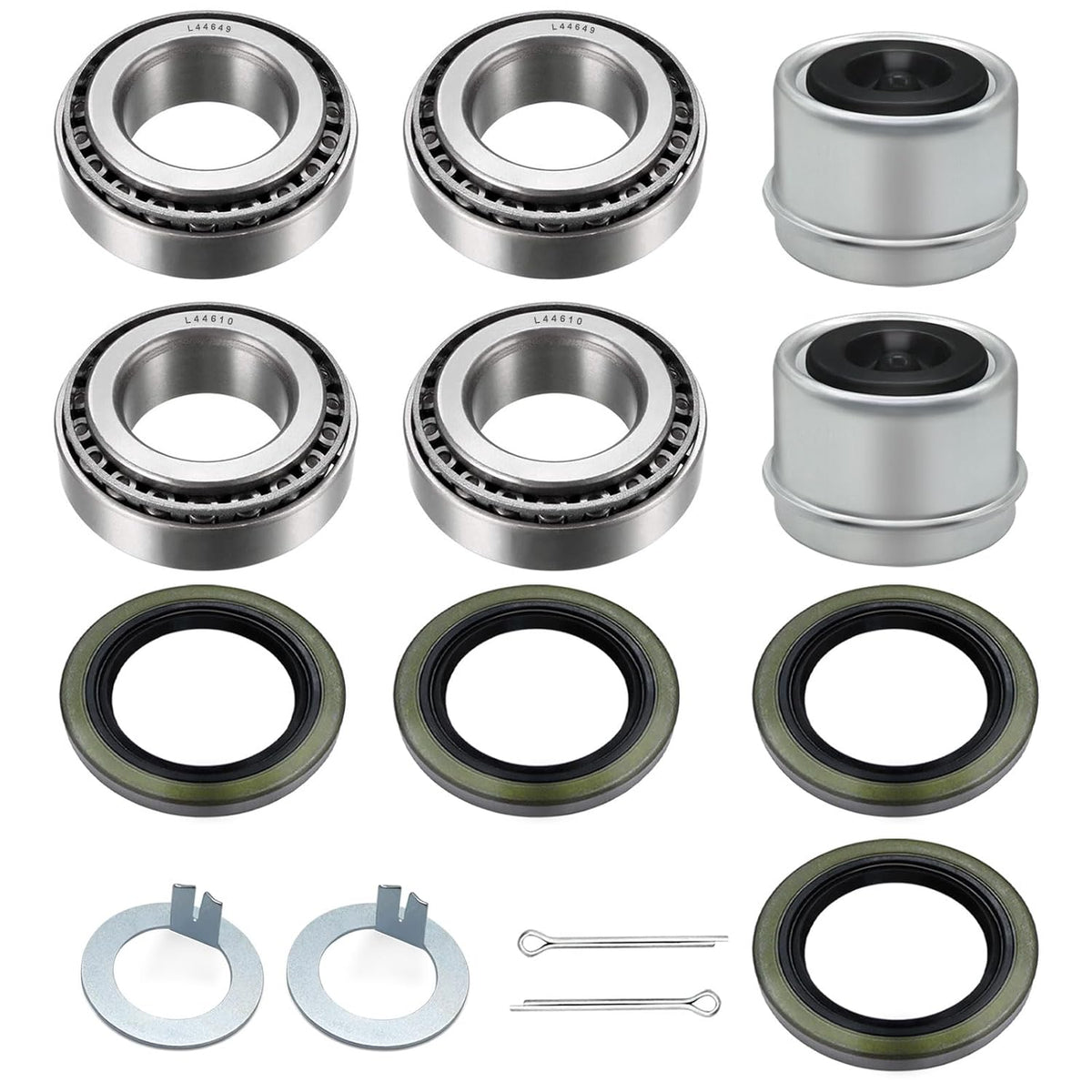 Kits de Rodamientos para Eje Remolque L44649 L44610 - Sellos 12192TB, Cubiertas, Pasadores Remache, Arandelas Goma, 2 Sets