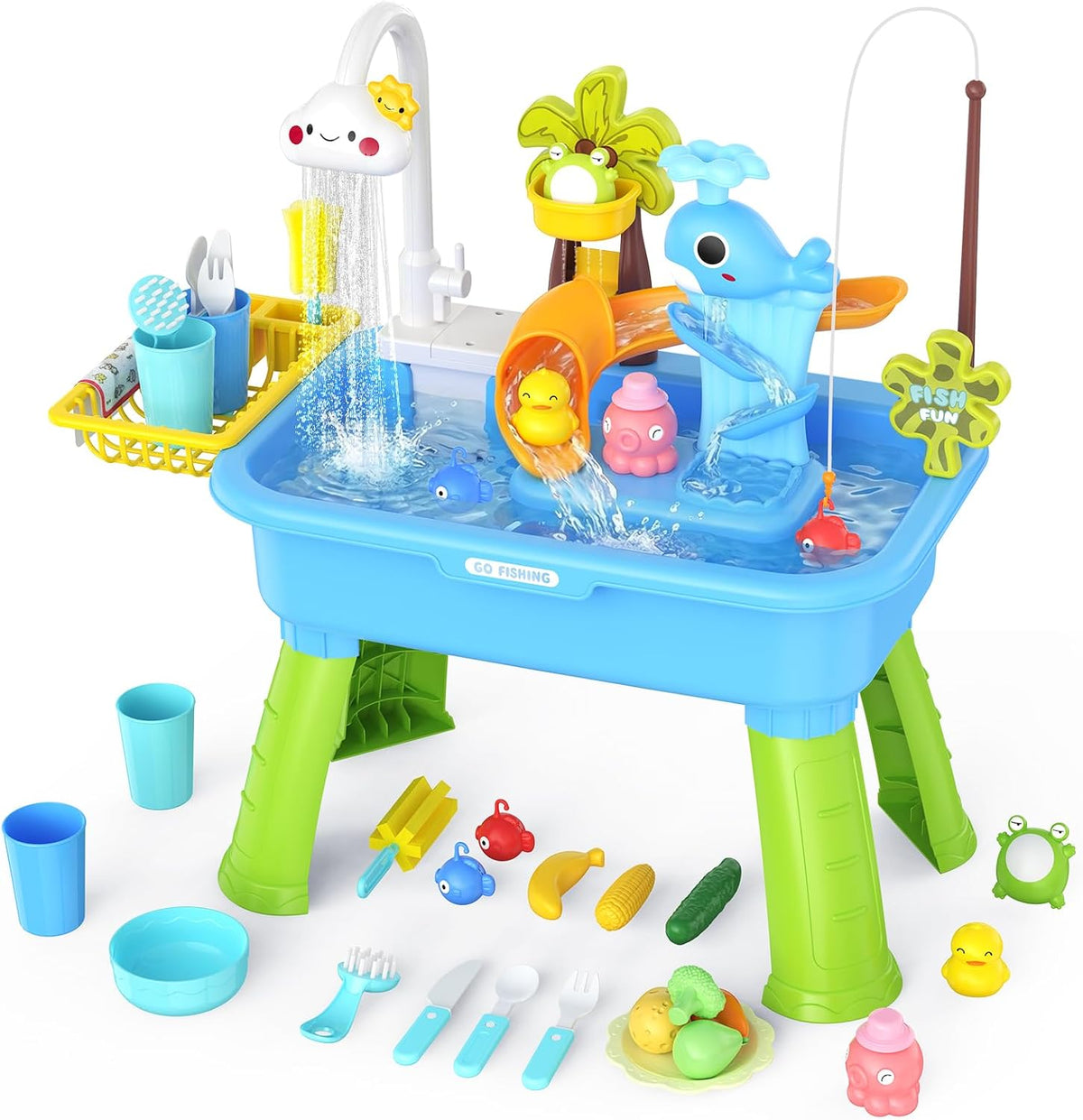 Mesa de agua mejorada GGRH 2026 para niños pequeños de 1 a 3 años - Juguetes para exteriores para niños de 4 a 8 años con bomba, juguetes sensoriales para piscina de verano para exteriores, juguete de cocina con fregadero y agua corriente, azul