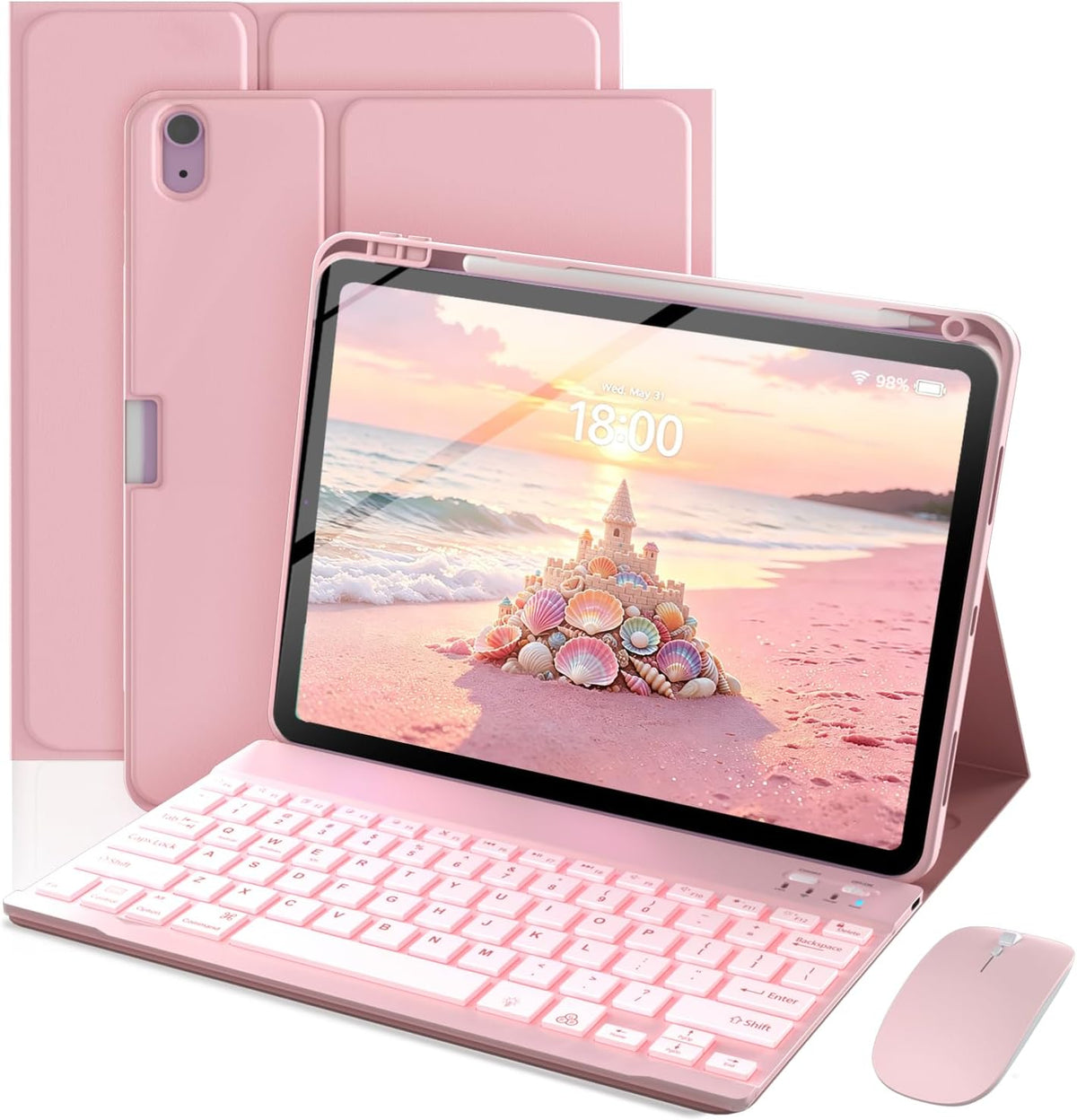 Funda con teclado TnbonGip para iPad A16 de 11.ª generación (2025) / 10.ª generación (2022), ratón y teclado desmontable retroiluminado de 7 colores, soporte ajustable, portalápices integrado, función de encendido/apagado automático, color rosa.