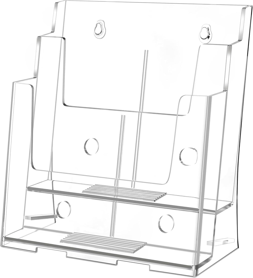 Exhibidor Acrilico FUCDTEFC para Folletos 8.5x11 y 4x9 Pulgadas | Soporte Transparente 2 Niveles con Divisor Removible | Pared o Mostrador