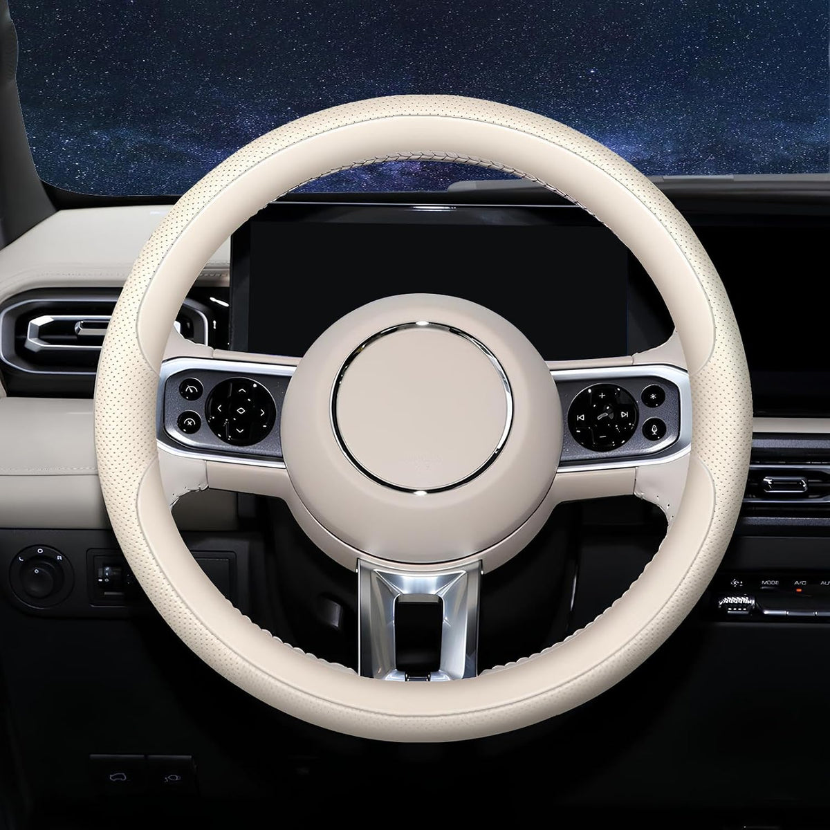 Mihecor Funda para Volante Universal Talla Estandar 14.5-15 pulgadas | Cuero de Microfibra Transpirable, Antideslizante, Agarre Suave, Blanco Crema Claro