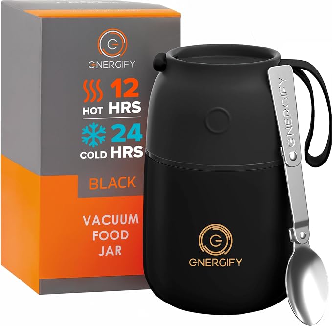 ENERGIFY Tarro de comida aislado al vacío. Tazón grande de 17 onzas con cuchara plegable, taza. Boca ancha para mantener bebidas calientes y frías, recipiente de almuerzo de sopa para adultos. Acero inoxidable sin BPA, a prueba de fugas, negro mate