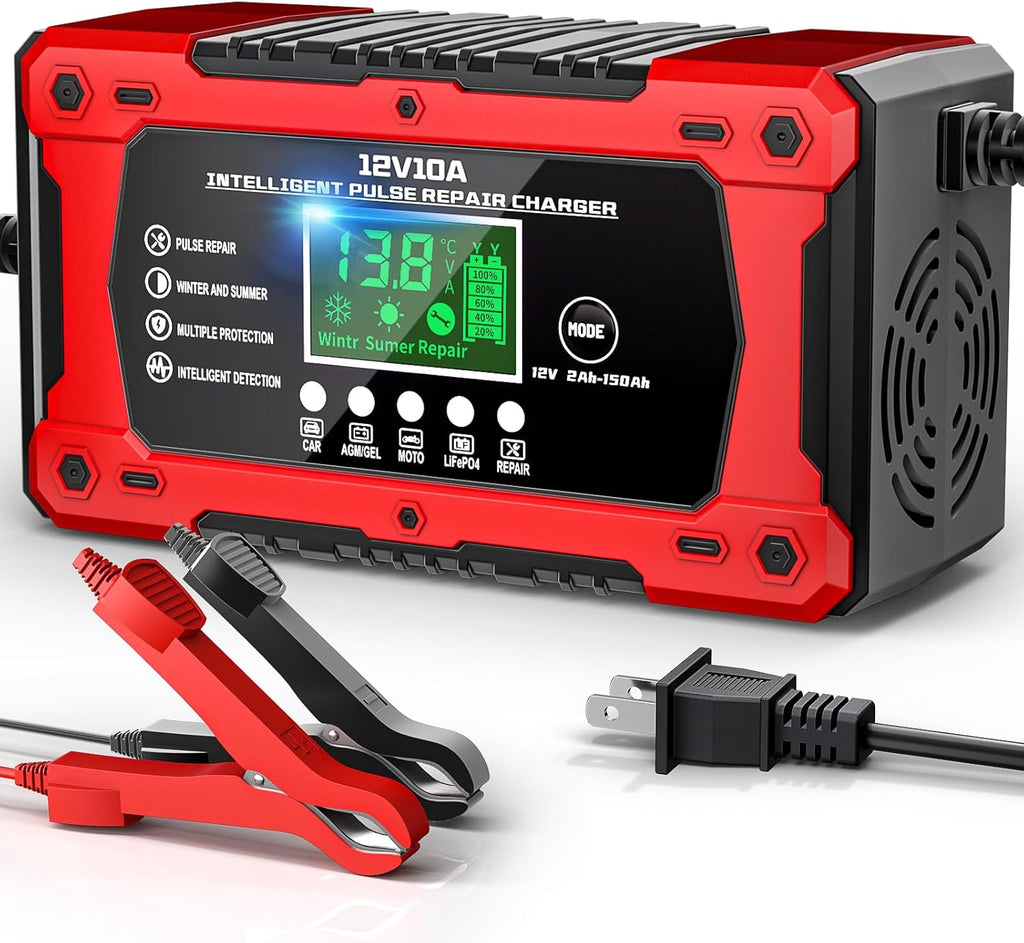Cargador de Bateria para Auto 10A 12V | Totalmente Automatico Inteligente con Pantalla LCD | Mantenedor con Compensacion de Temperatura para Camion, Moto y Bote