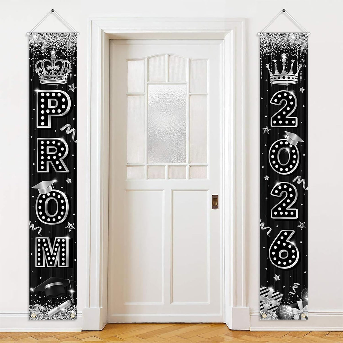 Decoraciones para el baile de graduación de Avezano 2026, decoraciones para la despedida del baile de graduación 2026, pancarta negra y plateada para la puerta de graduación, decoración para la fiesta de graduación.
