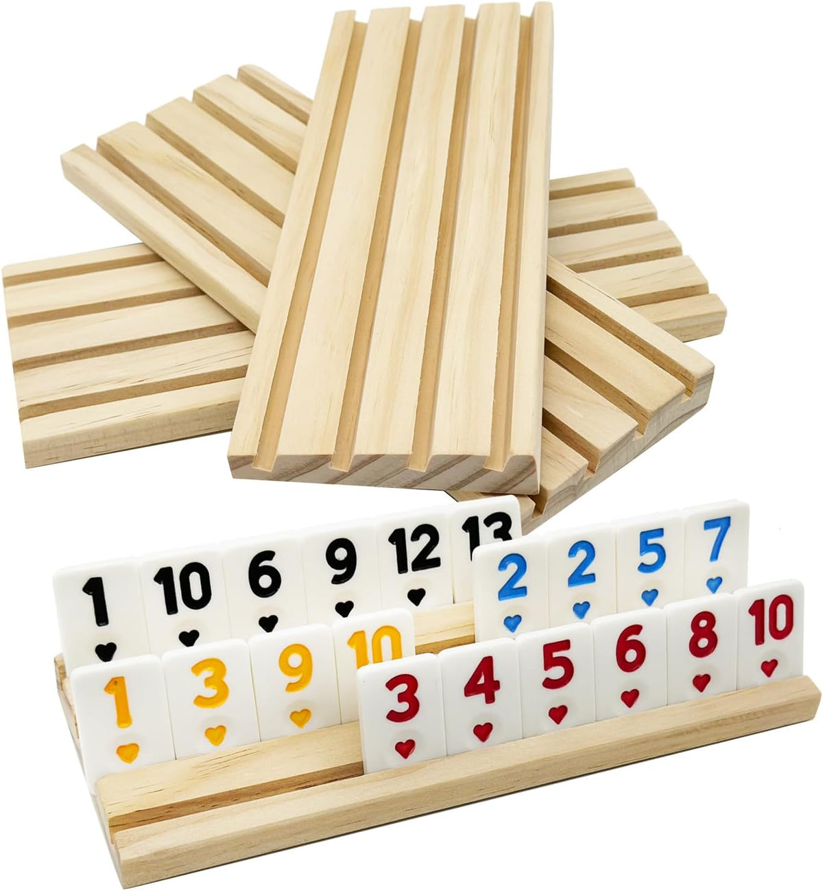 DOLLERGO 4 bandejas/estanterías de madera de repuesto para el juego Rummikub, soportes para el juego de dados Rummy solamente, 4 estantes de madera para el juego de mesa Okey