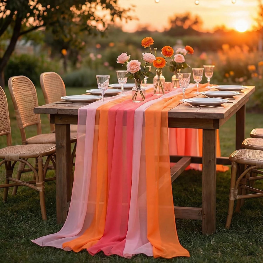 Boao 6 piezas de manteles para fiestas en rojo, rosa y naranja, 3 metros, tela rústica transparente estilo boho, decoraciones para fiestas al atardecer, bodas, cumpleaños, baby showers, despedidas de soltera, graduaciones, amaneceres y atardeceres.