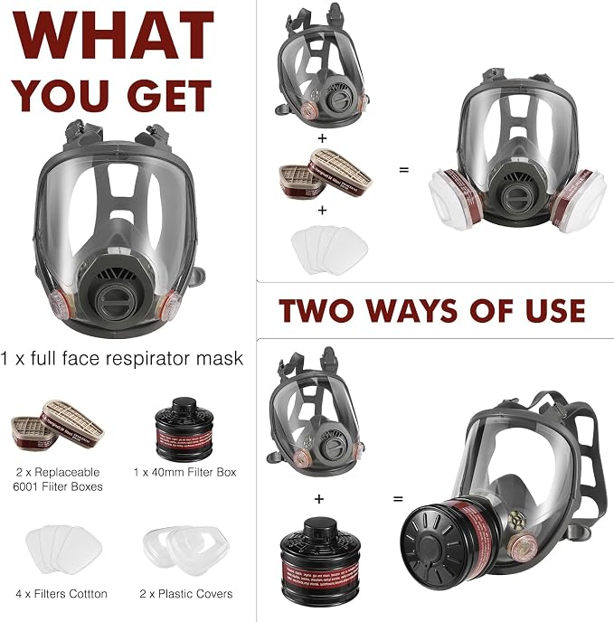 Máscara antigás facial completa - Respirador reutilizable para supervivencia contra gases nucleares y químicos con filtro de carbón activado de 6001cn y 40 mm contra gases