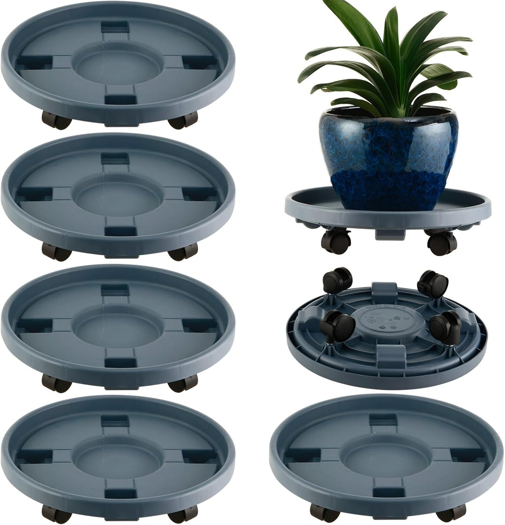 Paquete de 5 soportes grandes para plantas con ruedas de 13 pulgadas, soportes de plástico resistente para macetas de flores, base rodante, para interiores y exteriores, con ruedas de carretilla, gris
