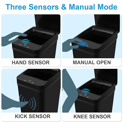Basurero de baño, basurero inteligente sin contacto, cubo de basura automático con sensor de movimiento con tapa, cubo de basura de 2.4 galones, cocina, baño, oficina, dormitorio (negro)