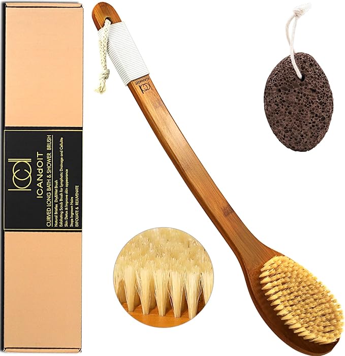 ICANdOIT - Cepillo de baño de mango largo antideslizante de cerdas de jabalí natural de 17.71 pulgadas, limpiador de ducha con mango doblado para exfoliar, cepillo de espalda de ducha