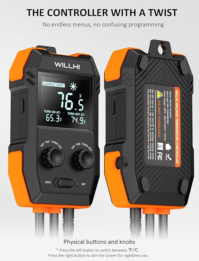 Controlador de Temperatura Digital WILLHI WH2408 – 10A 1200W, Termostato con Enchufe para Terrario, Invernadero y Acuario