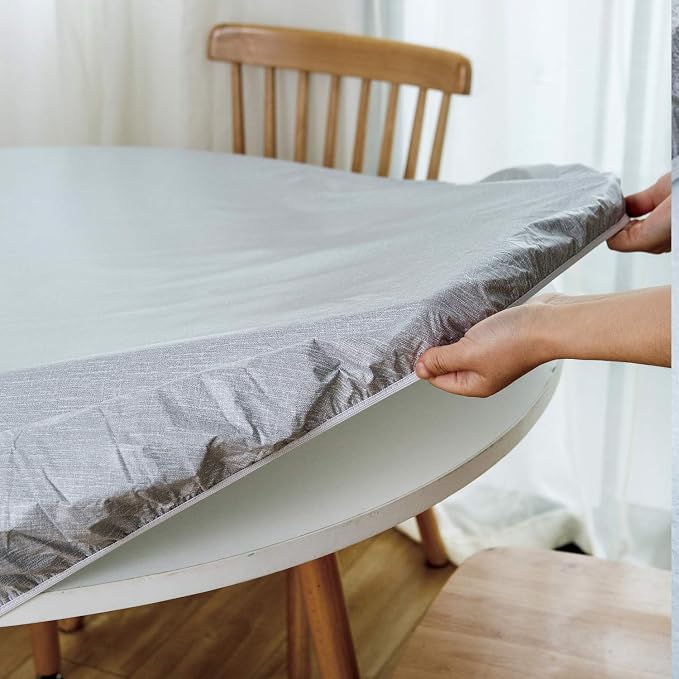 Mantel Redondo de Vinilo NLMUVW – Impermeable 100%, Borde Elástico, Gris Claro 45"-56"