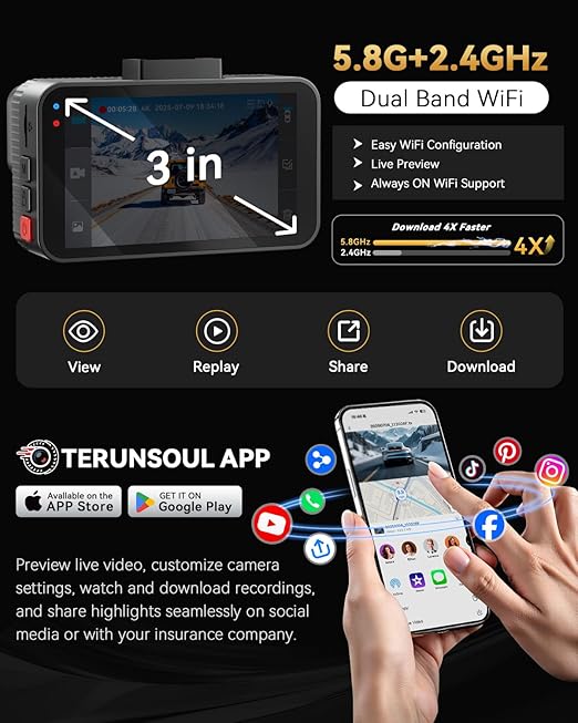 Cámara de tablero 4K+4K, cámara de tablero WiFi de 5.8 GHz para automóviles, sensor G, pantalla IPS de 3 pulgadas, modo de estacionamiento 24H